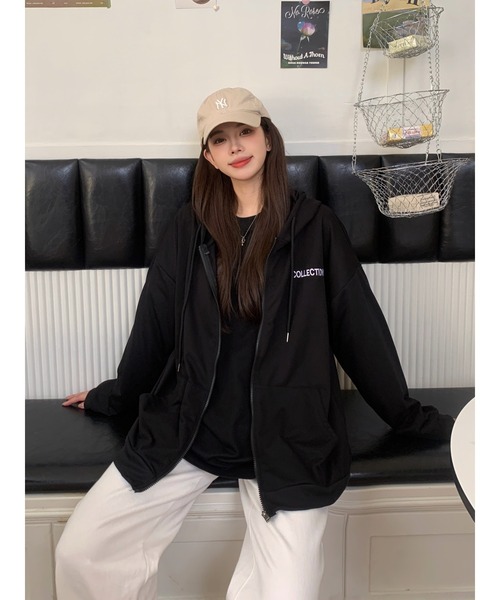 DEVICE（デバイス）の「シンプル レター ロゴ ルーズ オーバーシルエット シンプ ジップパーカー フーディ スウェット トレーナー（パーカー・レディース・グレー/ブラック・FREE）」の18枚目の写真