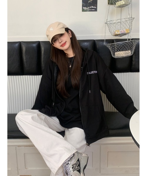 DEVICE（デバイス）の「シンプル レター ロゴ ルーズ オーバーシルエット シンプ ジップパーカー フーディ スウェット トレーナー（パーカー・レディース・グレー/ブラック・FREE）」の19枚目の写真