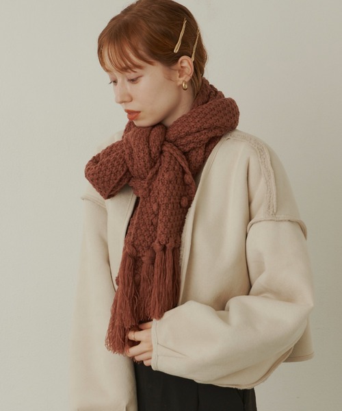 hinari(ヒナリ)の「ポップコーン編みボリュームフリンジマフラー(マフラー・レディース・オフホワイト/マスタード/モカ/ブラウン・FREE)」の13枚目の写真