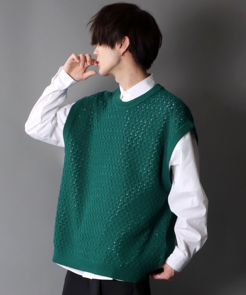 SITRY（シトリー）の「Openwork knitting vest/透かし編み ニットベスト（ベスト・メンズ・ブラック/グレー/グリーン/グレイッシュベージュ/ブルーグレー/ライトグリーン・M/L）」の5枚目の写真