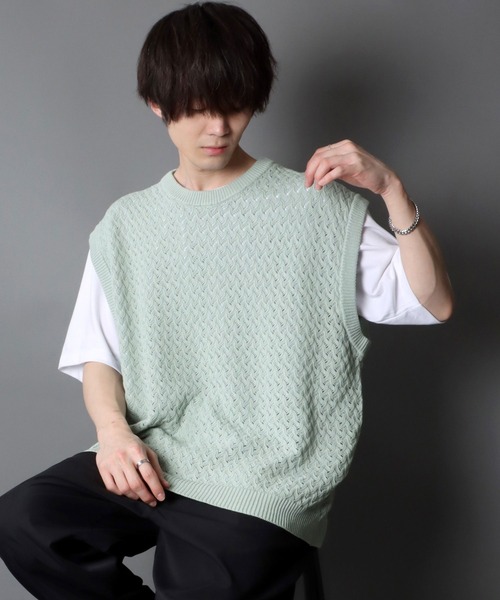 SITRY（シトリー）の「Openwork knitting vest/透かし編み ニットベスト（ベスト・メンズ・ブラック/グレー/グリーン/グレイッシュベージュ/ブルーグレー/ライトグリーン・M/L）」の6枚目の写真