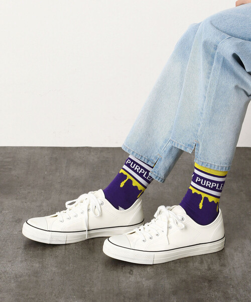 Purple&Yellow(パープルアンドイエロー)の「ドリップライン&ロゴショートソックス(ソックス/靴下・メンズ・ホワイト/ブラック/パープル・27.0cm)」の3枚目の写真