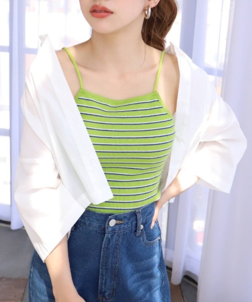 moment+（モーメントプラス）の「カップ付き ボーダーテレコ スクエアブラトップ（チューブトップ・レディース・ブラック/オフホワイト/グリーン/ホワイト系その他/杢グレー/イエロー×グリーン/ブルー・M）」の7枚目の写真