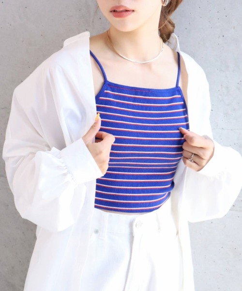 moment+（モーメントプラス）の「カップ付き ボーダーテレコ スクエアブラトップ（チューブトップ・レディース・ブラック/オフホワイト/グリーン/ホワイト系その他/杢グレー/イエロー×グリーン/ブルー・M）」の6枚目の写真