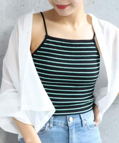 moment+（モーメントプラス）の「カップ付き ボーダーテレコ スクエアブラトップ（チューブトップ・レディース・ブラック/オフホワイト/グリーン/ホワイト系その他/杢グレー/イエロー×グリーン/ブルー・M）」の4枚目の写真