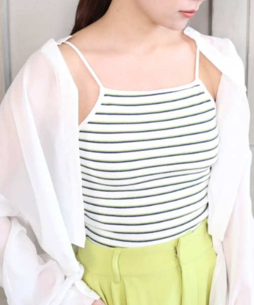 moment+（モーメントプラス）の「カップ付き ボーダーテレコ スクエアブラトップ（チューブトップ・レディース・ブラック/オフホワイト/グリーン/ホワイト系その他/杢グレー/イエロー×グリーン/ブルー・M）」の18枚目の写真