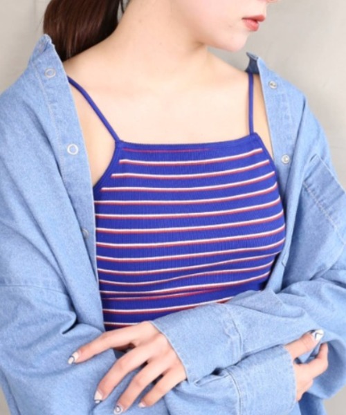 moment+（モーメントプラス）の「カップ付き ボーダーテレコ スクエアブラトップ（チューブトップ・レディース・ブラック/オフホワイト/グリーン/ホワイト系その他/杢グレー/イエロー×グリーン/ブルー・M）」の16枚目の写真