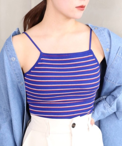 moment+（モーメントプラス）の「カップ付き ボーダーテレコ スクエアブラトップ（チューブトップ・レディース・ブラック/オフホワイト/グリーン/ホワイト系その他/杢グレー/イエロー×グリーン/ブルー・M）」の22枚目の写真