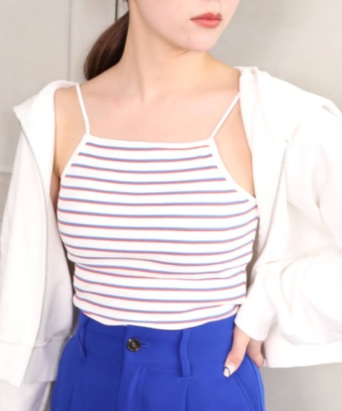 moment+（モーメントプラス）の「カップ付き ボーダーテレコ スクエアブラトップ（チューブトップ・レディース・ブラック/オフホワイト/グリーン/ホワイト系その他/杢グレー/イエロー×グリーン/ブルー・M）」の19枚目の写真