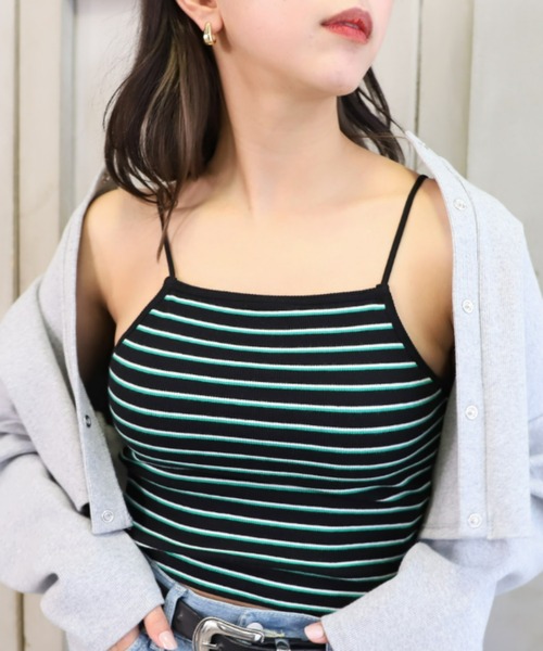 moment+（モーメントプラス）の「カップ付き ボーダーテレコ スクエアブラトップ（チューブトップ・レディース・ブラック/オフホワイト/グリーン/ホワイト系その他/杢グレー/イエロー×グリーン/ブルー・M）」の14枚目の写真
