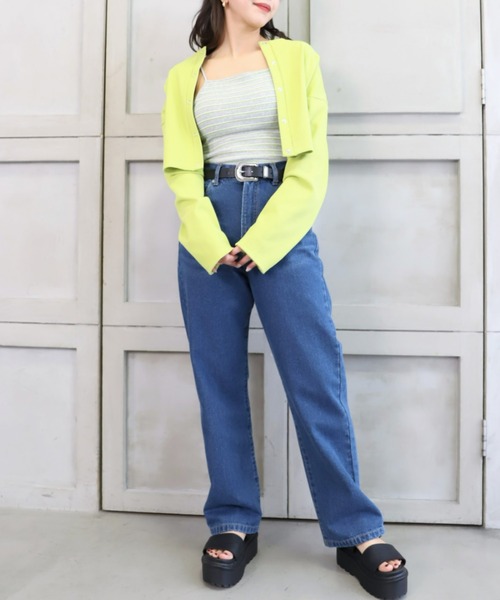 moment+（モーメントプラス）の「カップ付き ボーダーテレコ スクエアブラトップ（チューブトップ・レディース・ブラック/オフホワイト/グリーン/ホワイト系その他/杢グレー/イエロー×グリーン/ブルー・M）」の10枚目の写真