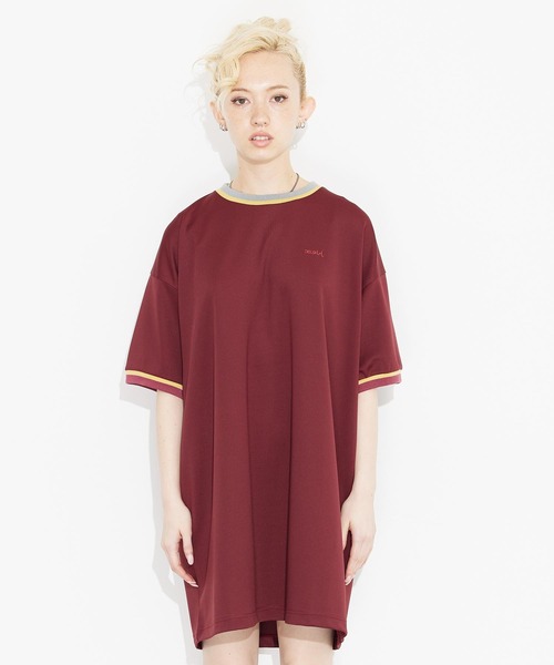 X-girl(エックスガール)の「CONTRAST COLLAR S/S BIG TEE/ビッグシルエットTシャツ(Tシャツ/カットソー・レディース・ホワイト/チャコール/バーガンディー・M/S)」の1枚目の写真