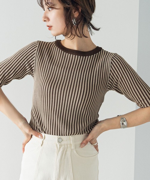 rectangle（レクタングル）の「バイカラーリブニットトップス（ニット/セーター・レディース・ブラック/ブラウン/グリーン・FREE）」の3枚目の写真