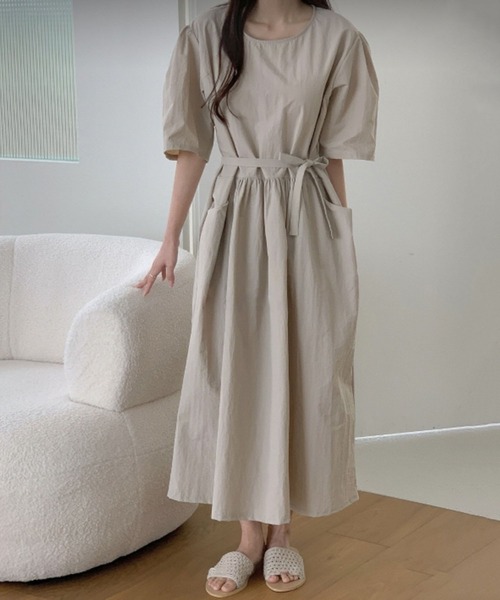 ウエストリボン付き パフスリーブナイロンギャザーワンピース 韓国製 ワンピース Me Em Select ミームセレクト のファッション通販 Zozotown