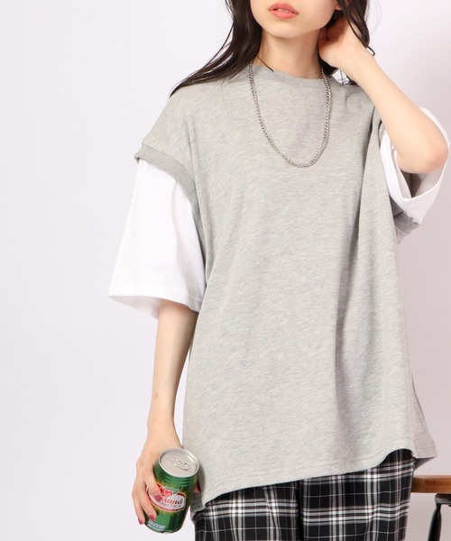 Growth by in the attic（グロウスバイインジアティック）の「ネックレス付きフェイク袖ベスト ルーズ半袖Tシャツ（Tシャツ/カットソー・メンズ・杢グレー/ベージュ/モスグリーン/ブラック・L/M）」の3枚目の写真