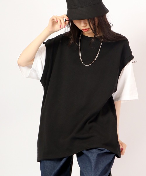 Growth by in the attic（グロウスバイインジアティック）の「ネックレス付きフェイク袖ベスト ルーズ半袖Tシャツ（Tシャツ/カットソー・メンズ・杢グレー/ベージュ/モスグリーン/ブラック・L/M）」の2枚目の写真