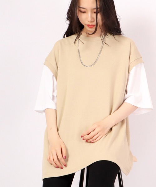 Growth by in the attic（グロウスバイインジアティック）の「ネックレス付きフェイク袖ベスト ルーズ半袖Tシャツ（Tシャツ/カットソー・メンズ・杢グレー/ベージュ/モスグリーン/ブラック・L/M）」の8枚目の写真