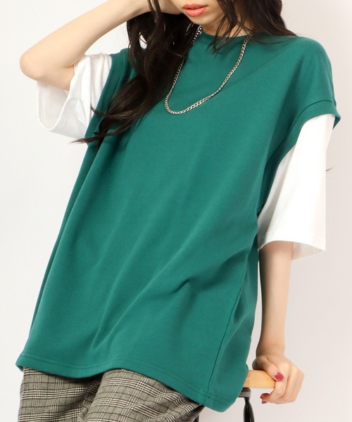 Growth by in the attic（グロウスバイインジアティック）の「ネックレス付きフェイク袖ベスト ルーズ半袖Tシャツ（Tシャツ/カットソー・メンズ・杢グレー/ベージュ/モスグリーン/ブラック・L/M）」の14枚目の写真