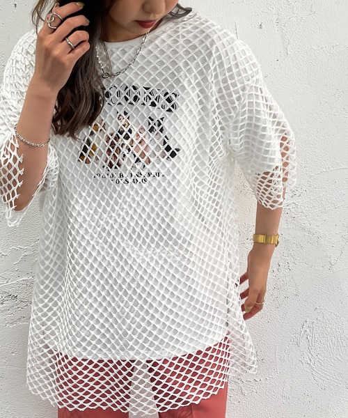 apres jour mignon（アプレジュールミニョン）の「メッシュトップス【ZOZOTOWN限定アイテム】（Tシャツ/カットソー・レディース・ブラック/オフホワイト/ピンク/イエロー・X-LARGE/フリー）」の8枚目の写真