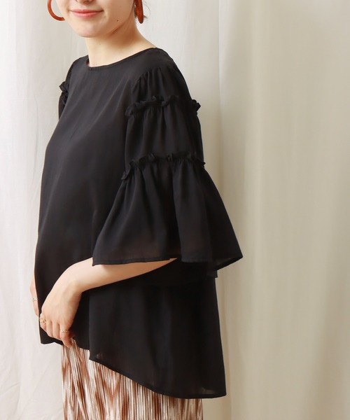 libelle more（リベル モア）の「コットンボイル袖切替フリルギャザーブラウス（シャツ/ブラウス・レディース・オフホワイト/グリーン/オレンジ/ブラック・M/L）」の3枚目の写真