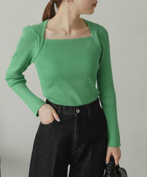 SENSE OF PLACE by URBAN RESEARCH(センスオブプレイスバイアーバンリサーチ)の「レイヤードスクエアネックコンパクトセーター(ニット/セーター・レディース・ミント/アイボリー/ブラック/パープル・ONE)」の6枚目の写真