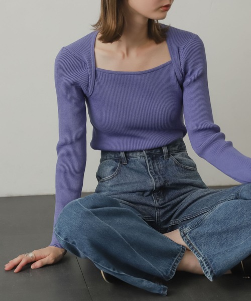 SENSE OF PLACE by URBAN RESEARCH(センスオブプレイスバイアーバンリサーチ)の「レイヤードスクエアネックコンパクトセーター(ニット/セーター・レディース・ミント/アイボリー/ブラック/パープル・ONE)」の11枚目の写真