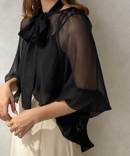 apres jour clair（アプレジュールクレア）の「【apres jour clair】シアーボウタイブラウス【ZOZOTOWN限定アイテム】（シャツ/ブラウス・レディース・アイボリー/オレンジ系その他/ブラック・フリー/X-LARGE）」の2枚目の写真