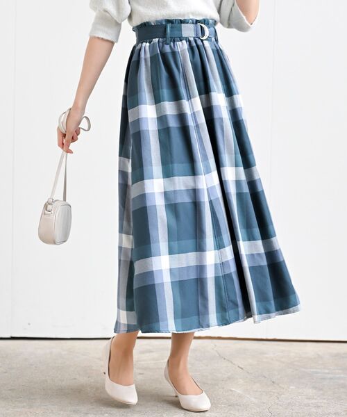 rps(アールピーエス)の「ベルト付きチェックフレアースカート(スカート・レディース・パープル/マスタード/ブルーグリーン/ブルー/ミント/ネイビー/ダークブルー/オレンジ/イエロー/グレー/グリーン・フリー)」の3枚目の写真