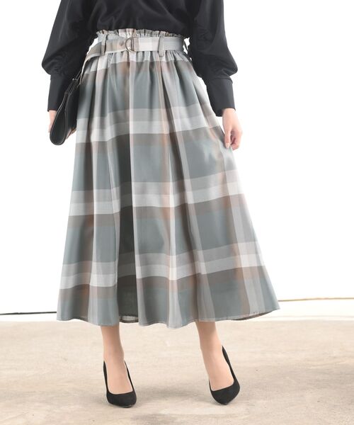 rps(アールピーエス)の「ベルト付きチェックフレアースカート(スカート・レディース・パープル/マスタード/ブルーグリーン/ブルー/ミント/ネイビー/ダークブルー/オレンジ/イエロー/グレー/グリーン・フリー)」の4枚目の写真