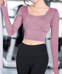 HYSSHOP(エイチワイエスショップ)のレディース 長袖カップ付きヨガウェアトップス+パンツレギンス 上下2点セットアップ(その他アンダーウェア/インナー)