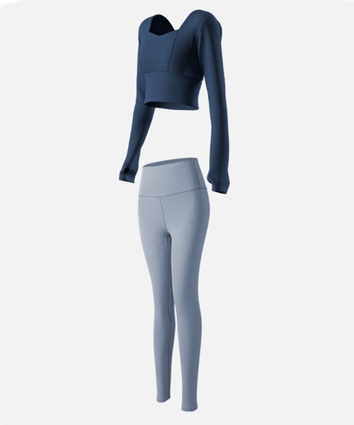 セール】レディース 長袖カップ付きヨガウェアトップス+パンツレギンス
