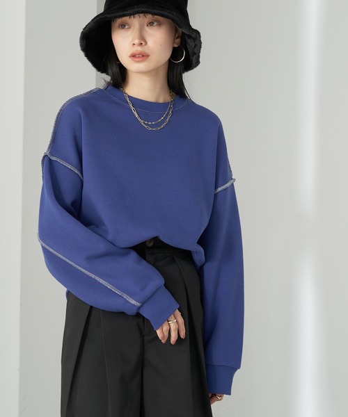 earth music&ecology(アースミュージックアンドエコロジー)の「配色ステッチウラキモウプルオーバー(Tシャツ/カットソー・レディース・ブルー/ブラック/アイボリー/グリーン/オレンジ・FREE)」の4枚目の写真