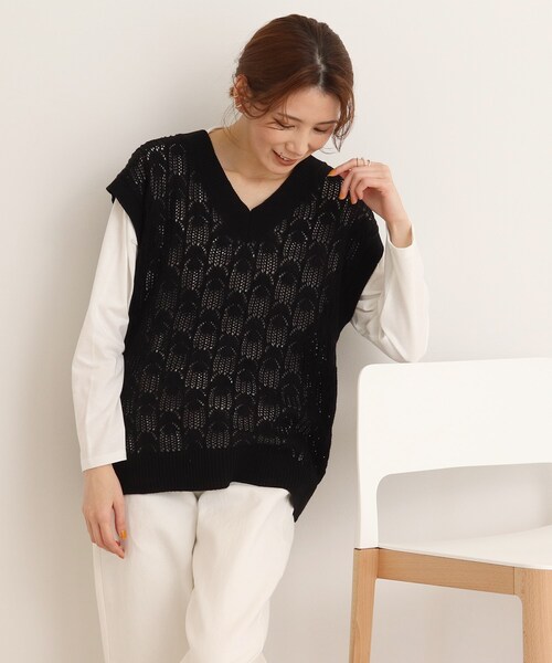 SHOO・LA・RUE（シューラルー）の「◆【2点セット】これだけでレイヤードスタイルが完成 透かし編みトップス（その他トップス・レディース・ブラック/ナチュラル/ライトグリーン/サンドベージュ・04/03/02）」の2枚目の写真