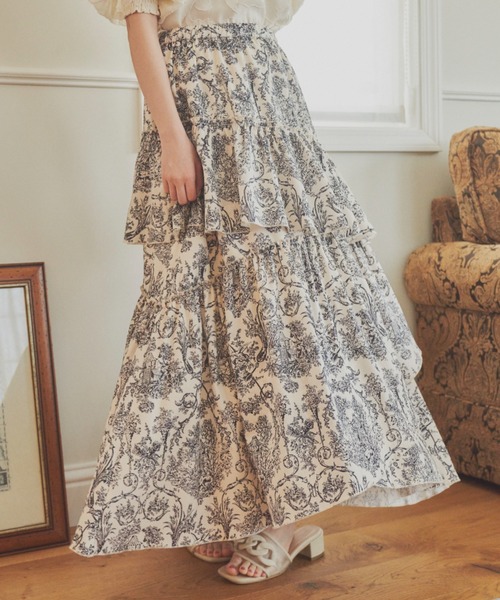 idem（イデム）の「toile de Jouy frill skirt/ティアードボリュームスカート【Sサイズ展開あり】（スカート・レディース・アイボリー/グレー・FREE/SMALL）」の9枚目の写真