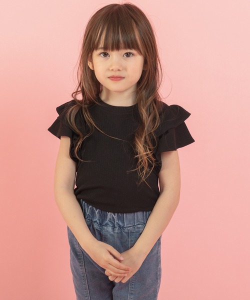 URBAN CHERRY(アーバンチェリー)の「【快適さらリブ素材】リブフリルノースリーブTシャツ(Tシャツ/カットソー・キッズ・アイボリー/ピンク/ブルー/パープル/ブラック・130cm/150cm/140cm/120cm/110cm)」の3枚目の写真