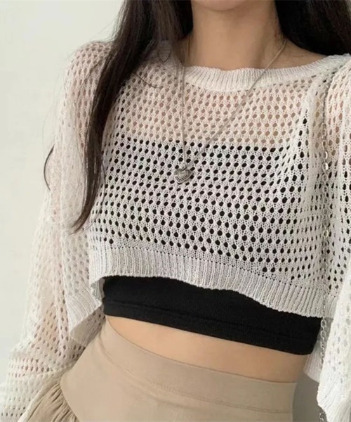 sevens（セブンズ）の「【sevens】メッシュ編み短丈カットソー（Tシャツ/カットソー・レディース・ブラック/ホワイト・FREE）」の3枚目の写真