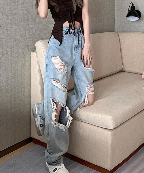 .KOM（ドットコム）の「『.KOM/ドットケーオーエム』ダメージデニム【Y】【CN】（デニムパンツ・レディース・ライトブルー・M/L）」の9枚目の写真