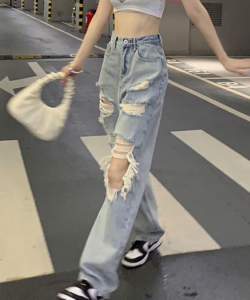 .KOM（ドットコム）の「『.KOM/ドットケーオーエム』ダメージデニム【Y】【CN】（デニムパンツ・レディース・ライトブルー・M/L）」の8枚目の写真