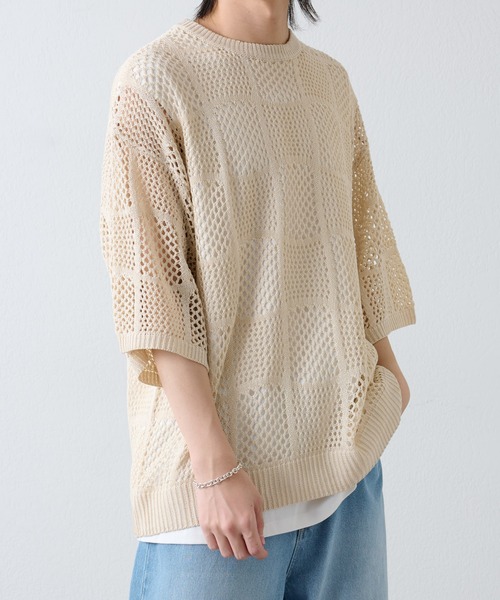 COLONY 2139（コロニートゥーワンスリーナイン）の「透かし編み半袖ニット（ニット/セーター・メンズ・アイボリー/ブラック・MEDIUM/LARGE）」の3枚目の写真