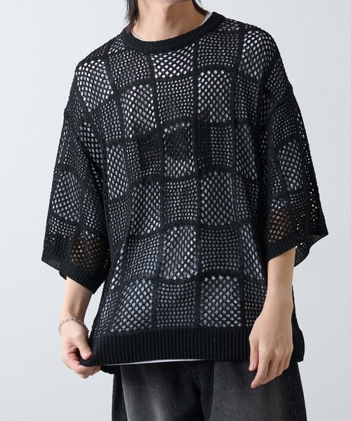 COLONY 2139（コロニートゥーワンスリーナイン）の「透かし編み半袖ニット（ニット/セーター・メンズ・アイボリー/ブラック・MEDIUM/LARGE）」の6枚目の写真