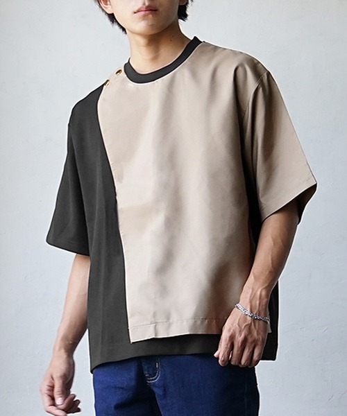 MinoriTY(マイノリティ)の「【アシメが作るモードな雰囲気】バイカラーオーバーサイズTシャツ ビッグTシャツ メンズ 半袖Tシャツ ルーズシルエット 夏服 秋服(Tシャツ/カットソー・メンズ・ホワイト×グリーン/ブラック×ベージュ/ホワイト×グレー・M/L)」の11枚目の写真
