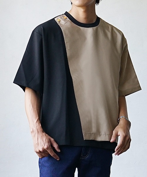 MinoriTY(マイノリティ)の「【アシメが作るモードな雰囲気】バイカラーオーバーサイズTシャツ ビッグTシャツ メンズ 半袖Tシャツ ルーズシルエット 夏服 秋服(Tシャツ/カットソー・メンズ・ホワイト×グリーン/ブラック×ベージュ/ホワイト×グレー・M/L)」の12枚目の写真