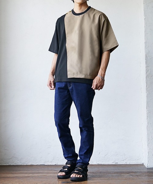 MinoriTY(マイノリティ)の「【アシメが作るモードな雰囲気】バイカラーオーバーサイズTシャツ ビッグTシャツ メンズ 半袖Tシャツ ルーズシルエット 夏服 秋服(Tシャツ/カットソー・メンズ・ホワイト×グリーン/ブラック×ベージュ/ホワイト×グレー・M/L)」の14枚目の写真