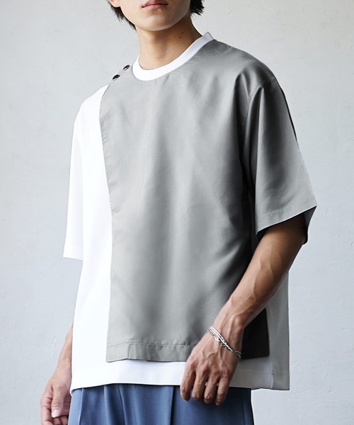 MinoriTY(マイノリティ)の「【アシメが作るモードな雰囲気】バイカラーオーバーサイズTシャツ ビッグTシャツ メンズ 半袖Tシャツ ルーズシルエット 夏服 秋服(Tシャツ/カットソー・メンズ・ホワイト×グリーン/ブラック×ベージュ/ホワイト×グレー・M/L)」の10枚目の写真