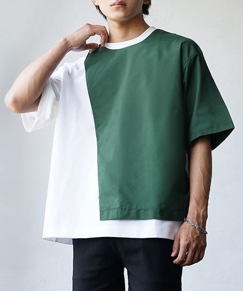MinoriTY(マイノリティ)の「【アシメが作るモードな雰囲気】バイカラーオーバーサイズTシャツ ビッグTシャツ メンズ 半袖Tシャツ ルーズシルエット 夏服 秋服(Tシャツ/カットソー・メンズ・ホワイト×グリーン/ブラック×ベージュ/ホワイト×グレー・M/L)」の5枚目の写真