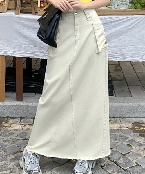 FREE STYLISTS(フリー スタイリスト)の「YUGA_YGMC バックスリット入り デニム カーゴ調スカート(デニムスカート・レディース・カーキ/オフホワイト/モカ・L/M/XL/S)」の16枚目の写真