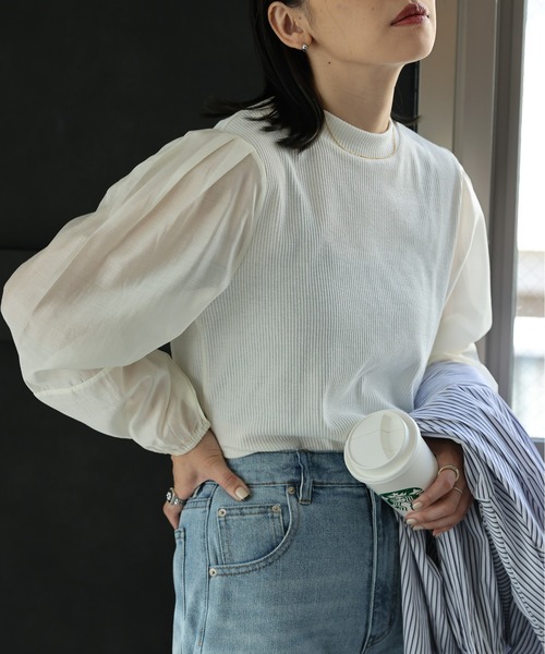 最終値下げ★TOUJOURS アンティークな雰囲気のトップス セール】シアー切り替えトップス（Tシャツ/カットソー）｜ap