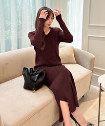 [ 岡部あゆみさんコラボ ] 選べるネックとタイプ リブニットロングスリーブワンピース