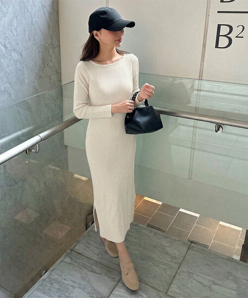ワンピース Ayumi 岡部あゆみさんコラボ ] 選べるネックとタイプ リブニットロング