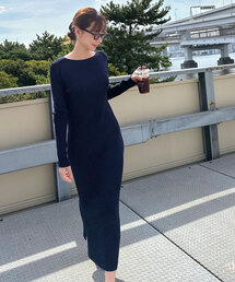 [ 岡部あゆみさんコラボ ] 選べるネックとタイプ リブニットロングスリーブワンピース